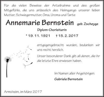 Traueranzeige von Annemarie Bernstein von Trauerportal Rhein Main Presse