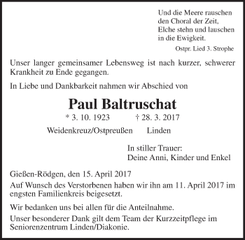 Traueranzeige von Paul Baltruschat von  Gießener Anzeiger