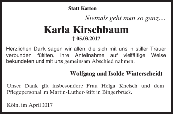Traueranzeige von Karla Kirschbaum von Trauerportal Rhein Main Presse