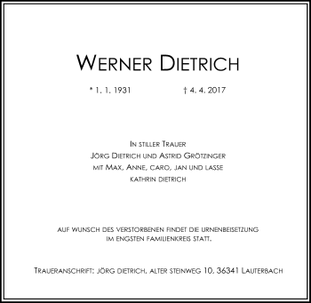 Traueranzeige von Werner Dietrich von VRM Trauer