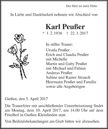 Traueranzeige von Karl Peußer von  Gießener Anzeiger