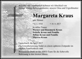 Traueranzeige von Margareta Kraus von VRM Trauer