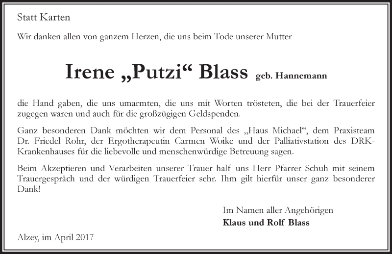  Traueranzeige für Irene Blass vom 22.04.2017 aus Trauerportal Rhein Main Presse
