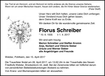 Traueranzeige von Florus Schreiber von  Gießener Anzeiger
