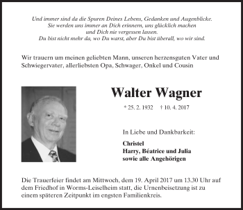 Traueranzeige von Walter Wagner von Trauerportal Rhein Main Presse
