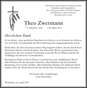 Traueranzeige von Theo Zwermann von  Usinger Anzeiger