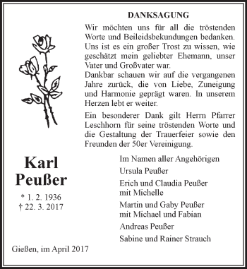Traueranzeige von Karl Peußer von  Gießener Anzeiger