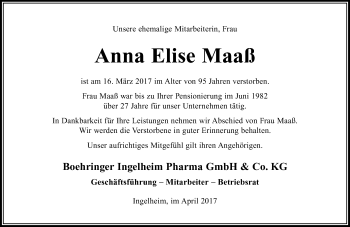 Traueranzeige von Anna Elise Maaß von Trauerportal Rhein Main Presse