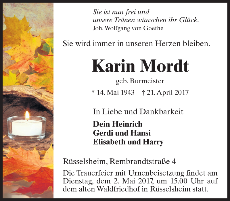  Traueranzeige für Karin Mordt vom 29.04.2017 aus Trauerportal Rhein Main Presse