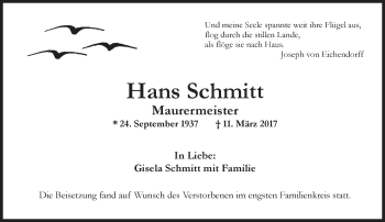 Traueranzeige von Hans Schmitt von Trauerportal Rhein Main Presse