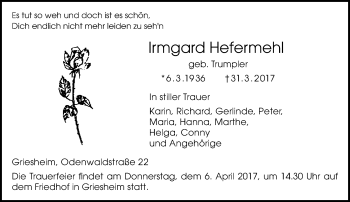 Traueranzeige von Irmgard Hefermehl von Trauerportal Echo Online