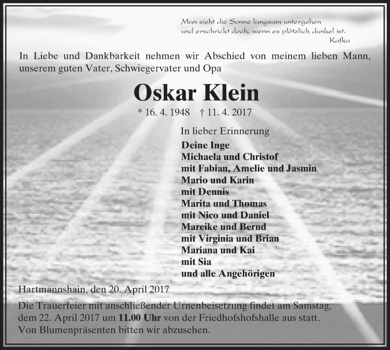  Traueranzeige für Oskar Klein vom 20.04.2017 aus VRM Trauer