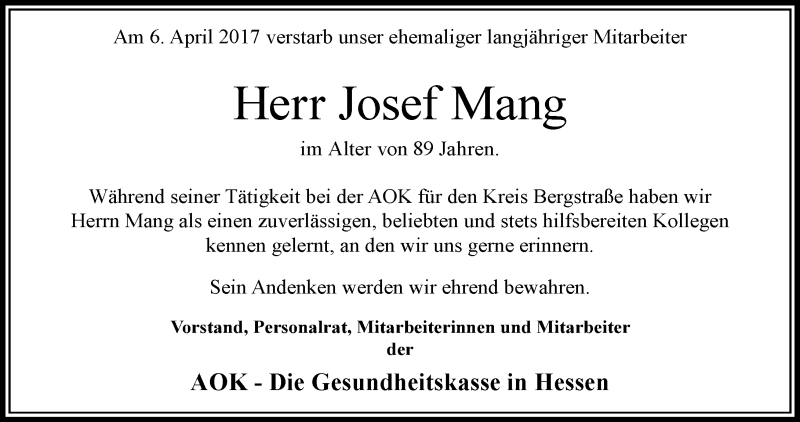  Traueranzeige für Josef Mang vom 15.04.2017 aus Trauerportal Echo Online