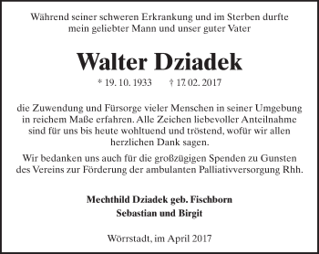 Traueranzeige von Walter Dziadek von Trauerportal Rhein Main Presse