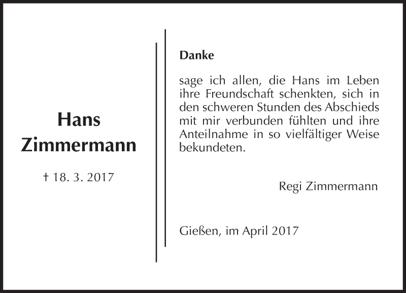  Traueranzeige für Hans Zimmermann vom 15.04.2017 aus  Gießener Anzeiger