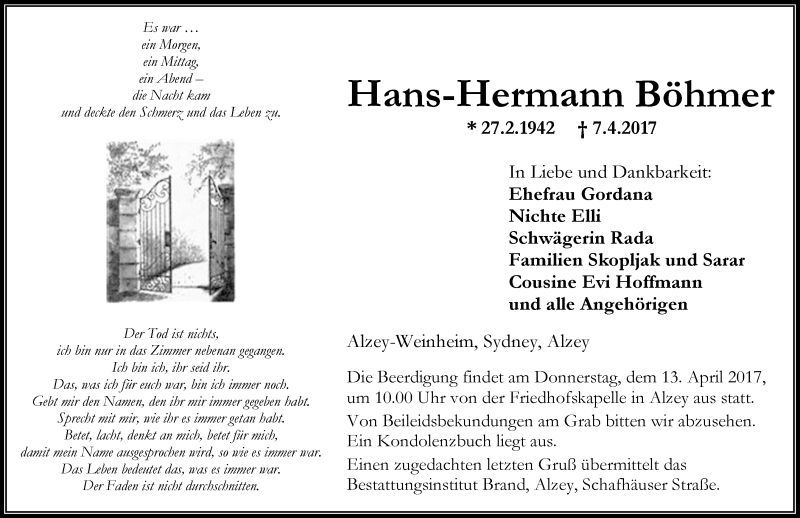  Traueranzeige für Hans-Hermann Böhmer vom 08.04.2017 aus Trauerportal Rhein Main Presse