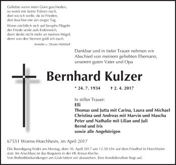 Traueranzeige von Bernhard Kulzer von Trauerportal Rhein Main Presse