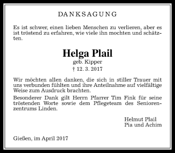 Traueranzeige von Helga Plail von  Gießener Anzeiger