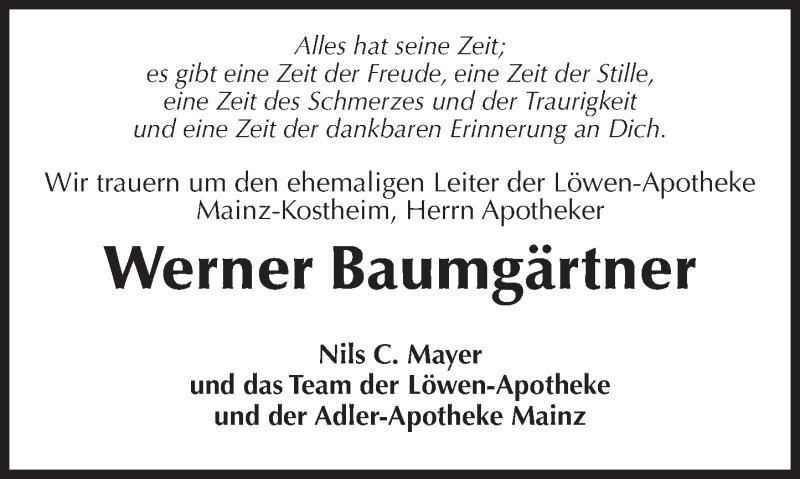  Traueranzeige für Werner Baumgärtner vom 19.04.2017 aus Trauerportal Rhein Main Presse