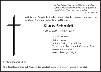 Traueranzeige von Klaus Schmidt von  Gießener Anzeiger
