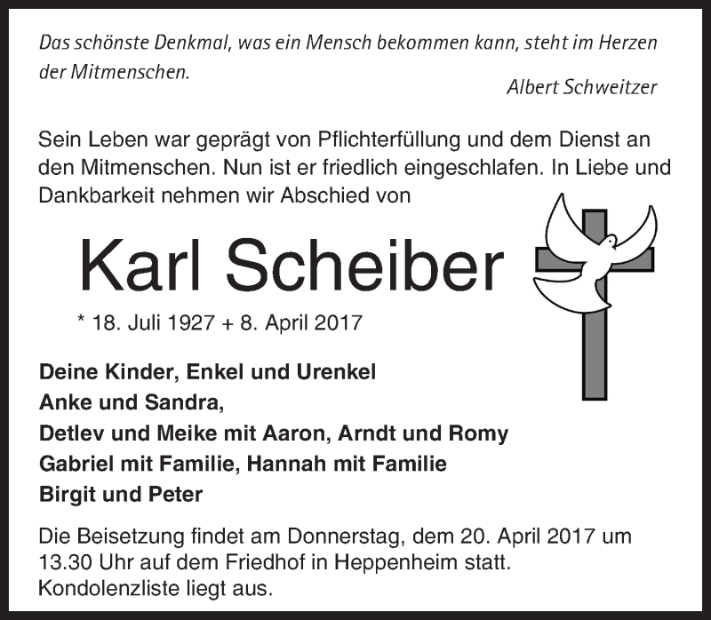  Traueranzeige für Karl Scheiber vom 15.04.2017 aus Trauerportal Echo Online