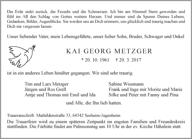  Traueranzeige für Kai Georg Metzger vom 01.04.2017 aus Trauerportal Echo Online