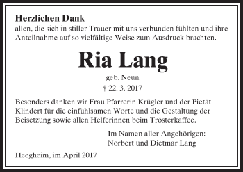 Traueranzeige von Ria Lang von  Kreisanzeiger