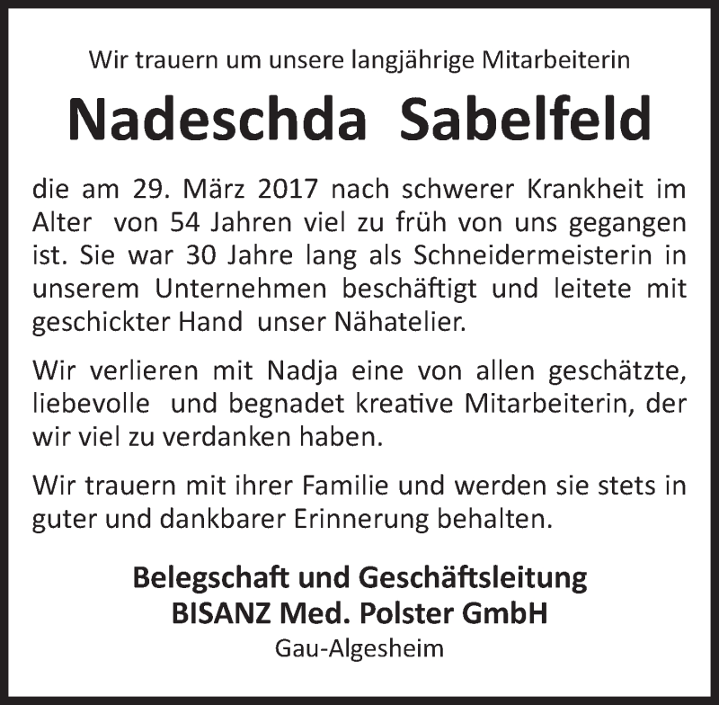  Traueranzeige für Nadeschda Sabelfeld vom 01.04.2017 aus Trauerportal Rhein Main Presse