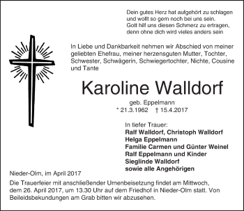 Traueranzeige von Karoline Walldorf von Trauerportal Rhein Main Presse