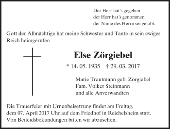 Traueranzeige von Else Zörgiebel von Trauerportal Echo Online
