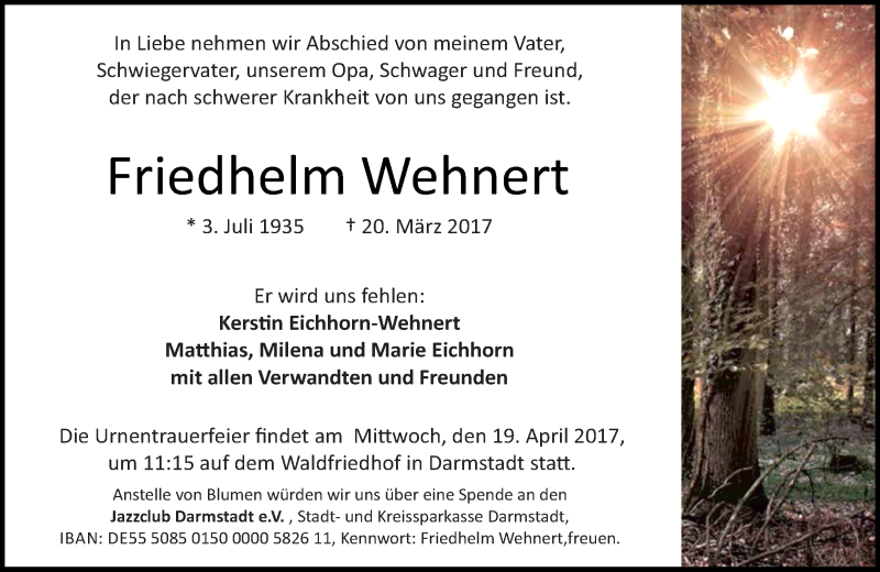  Traueranzeige für Friedhelm Wehnert vom 08.04.2017 aus Trauerportal Echo Online