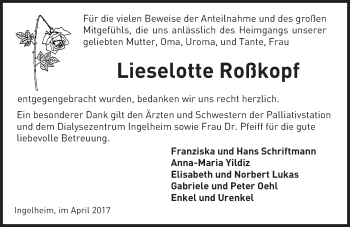 Traueranzeige von Lieselotte Roßkopf von Trauerportal Rhein Main Presse