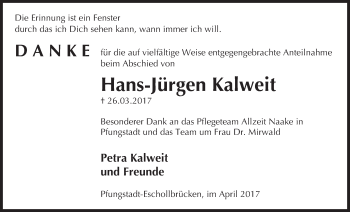 Traueranzeige von Hans-Jürgen Kalweit von Trauerportal Echo Online