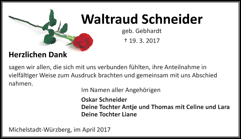  Traueranzeige für Waltraud Schneider vom 26.04.2017 aus Trauerportal Echo Online