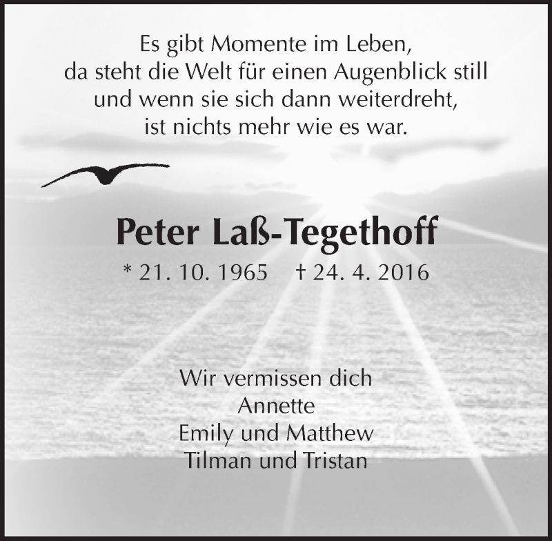  Traueranzeige für Peter Laß-Tegethoff vom 24.04.2017 aus  Gießener Anzeiger