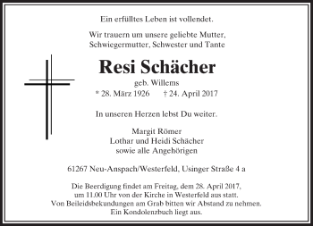 Traueranzeige von Resi Schächer von  Usinger Anzeiger