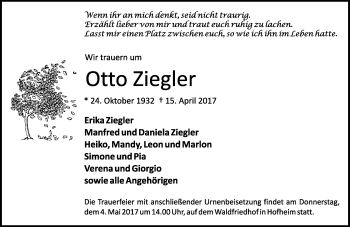 Traueranzeige von Otto Ziegler von Trauerportal Rhein Main Presse