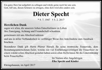 Traueranzeige von Dieter Specht von VRM Trauer