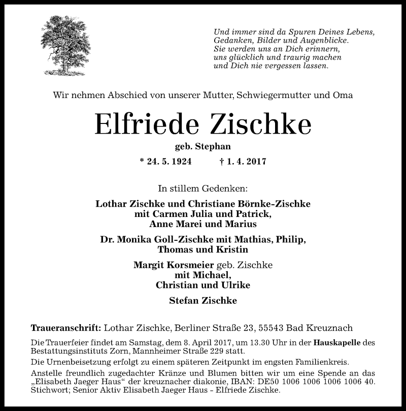  Traueranzeige für Elfriede Zischke vom 05.04.2017 aus Trauerportal Rhein Main Presse