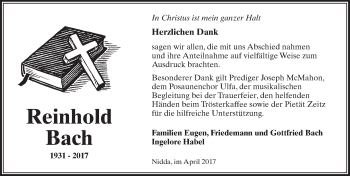 Traueranzeige von Reinhold Bach von  Kreisanzeiger