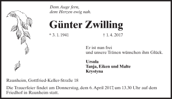 Traueranzeige von Günter Zwilling von Trauerportal Rhein Main Presse