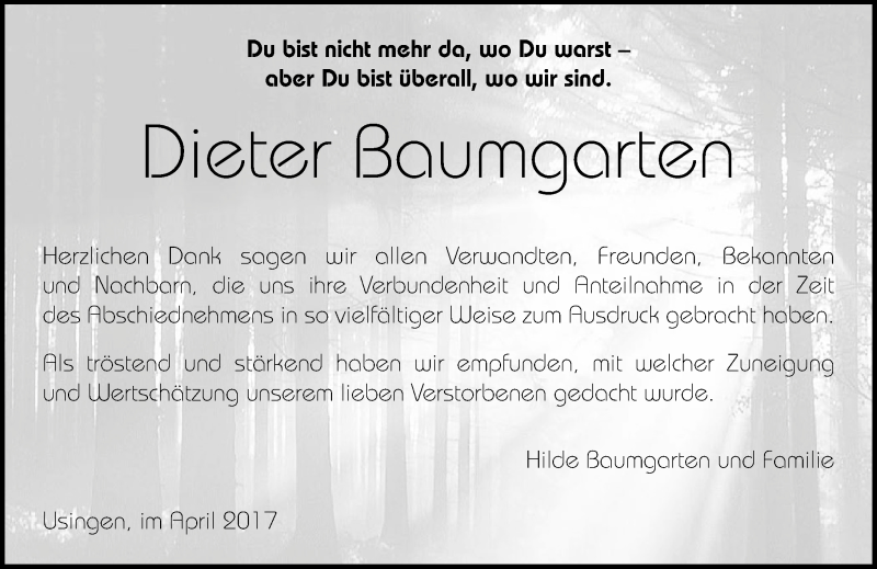  Traueranzeige für Dieter Baumgarten vom 15.04.2017 aus  Usinger Anzeiger