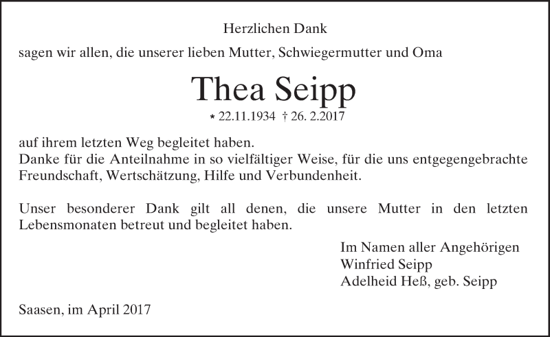  Traueranzeige für Thea Seipp vom 22.04.2017 aus  Gießener Anzeiger