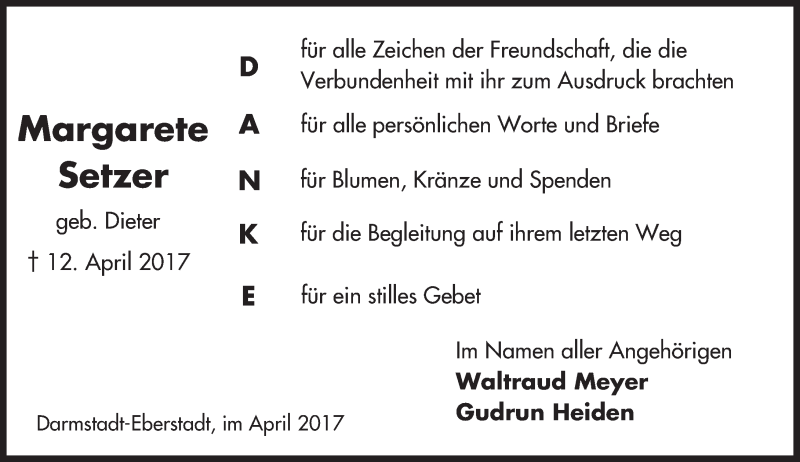  Traueranzeige für Margarete Setzer vom 29.04.2017 aus Trauerportal Echo Online