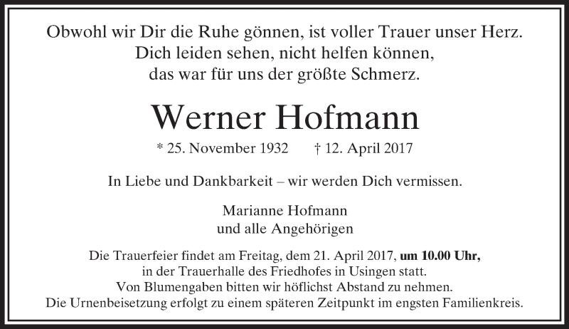  Traueranzeige für Werner Hofmann vom 18.04.2017 aus  Usinger Anzeiger