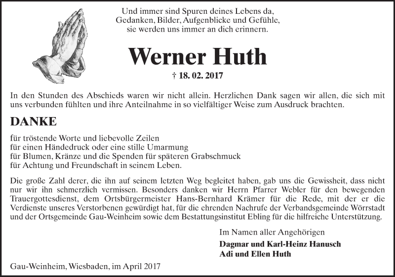 Traueranzeige für Werner Huth vom 15.04.2017 aus Trauerportal Rhein Main Presse