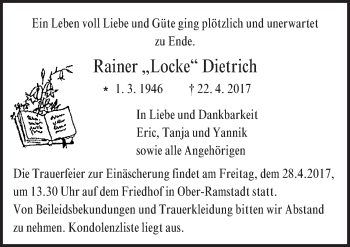 Traueranzeige von Rainer  Dietrich von Trauerportal Echo Online
