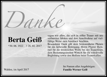 Traueranzeige von Berta Geiß von VRM Trauer