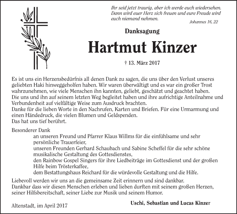  Traueranzeige für Hartmut Kinzer vom 08.04.2017 aus  Kreisanzeiger