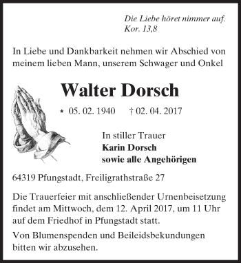 Traueranzeige von Walter Dorsch von Trauerportal Echo Online